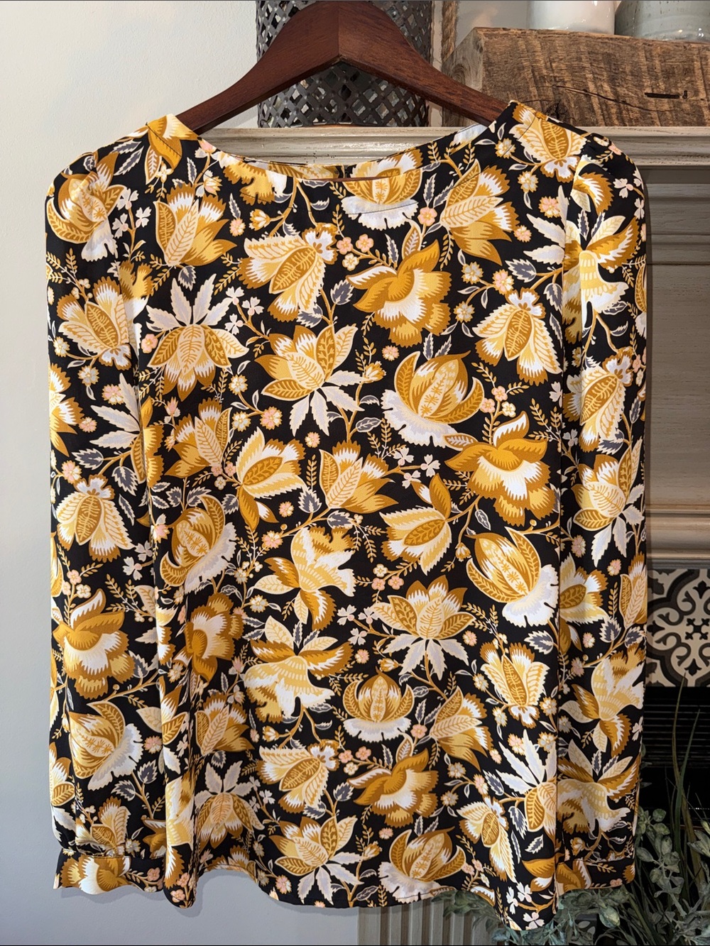 LOFT Black Floral Long-Sleeve Blouse with Mustard and Cream Blooms